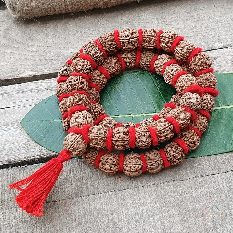 5 Mukhi Rudraksha Kantha Mala – Nepali Seed Beads, 32 Beads, Handcrafted Prayer Mala, Meditation Necklace, Seed Prayer Mala